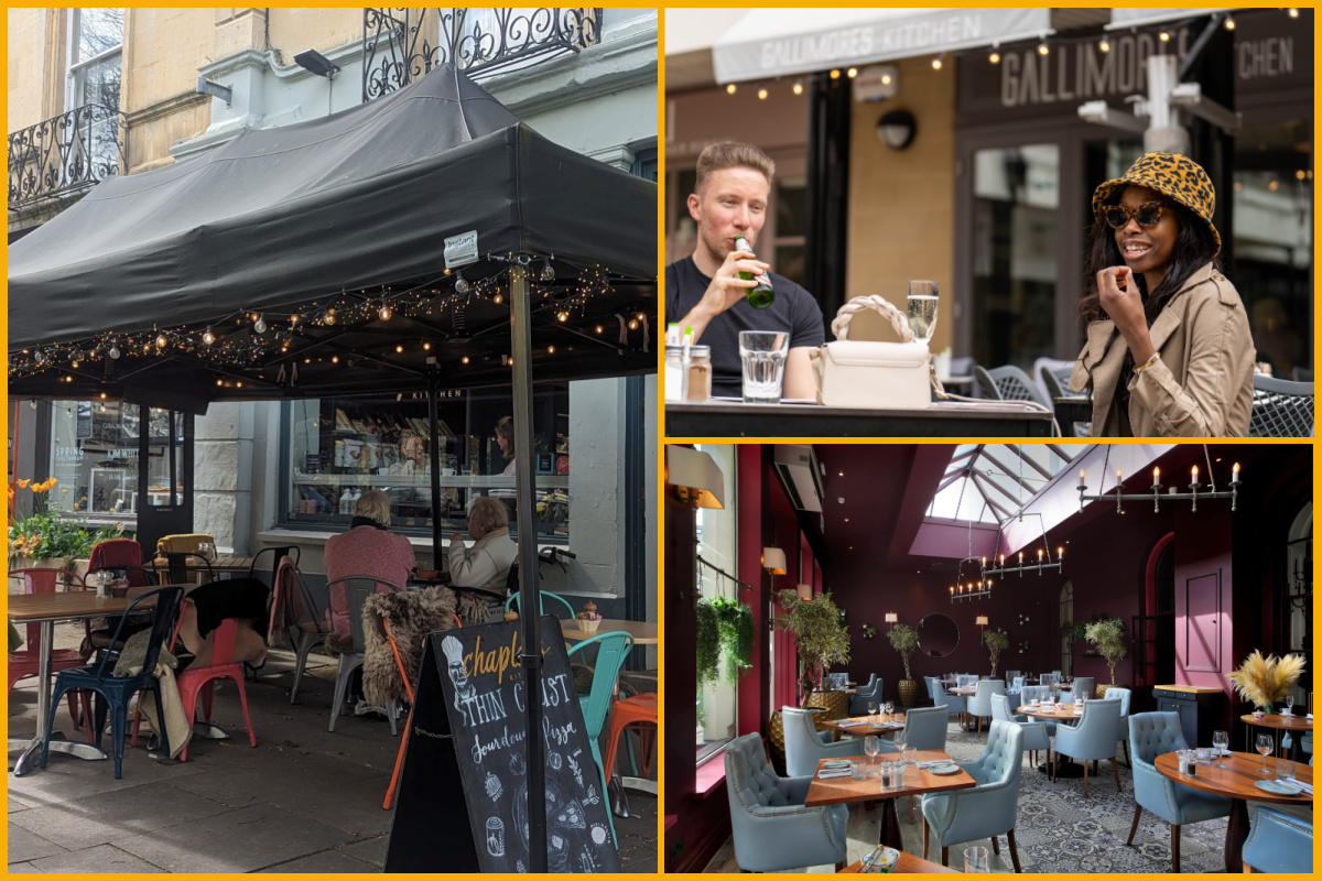 Collage of people dining on the terrace at Chaplais Kitchen, Gallimores Kitchen and interior of Victoria's restaurant at Queens Hotel Cheltenham